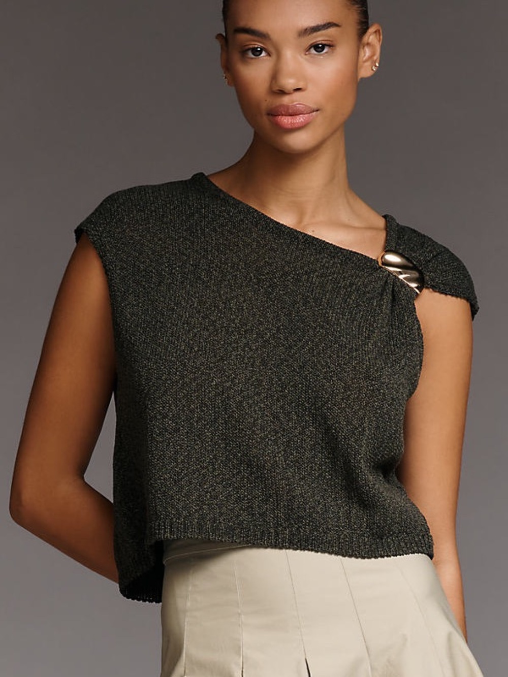 Asymmetric Olive Green Knit Sweater with Shoulder Pin